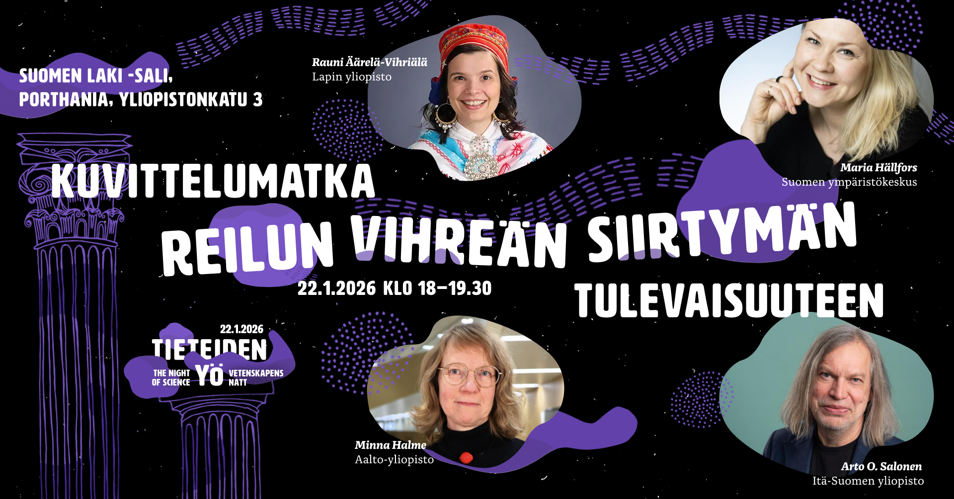 Tieteiden yön tapahtumabanneri. Tapahtumaa vietetään 22.1.2026.