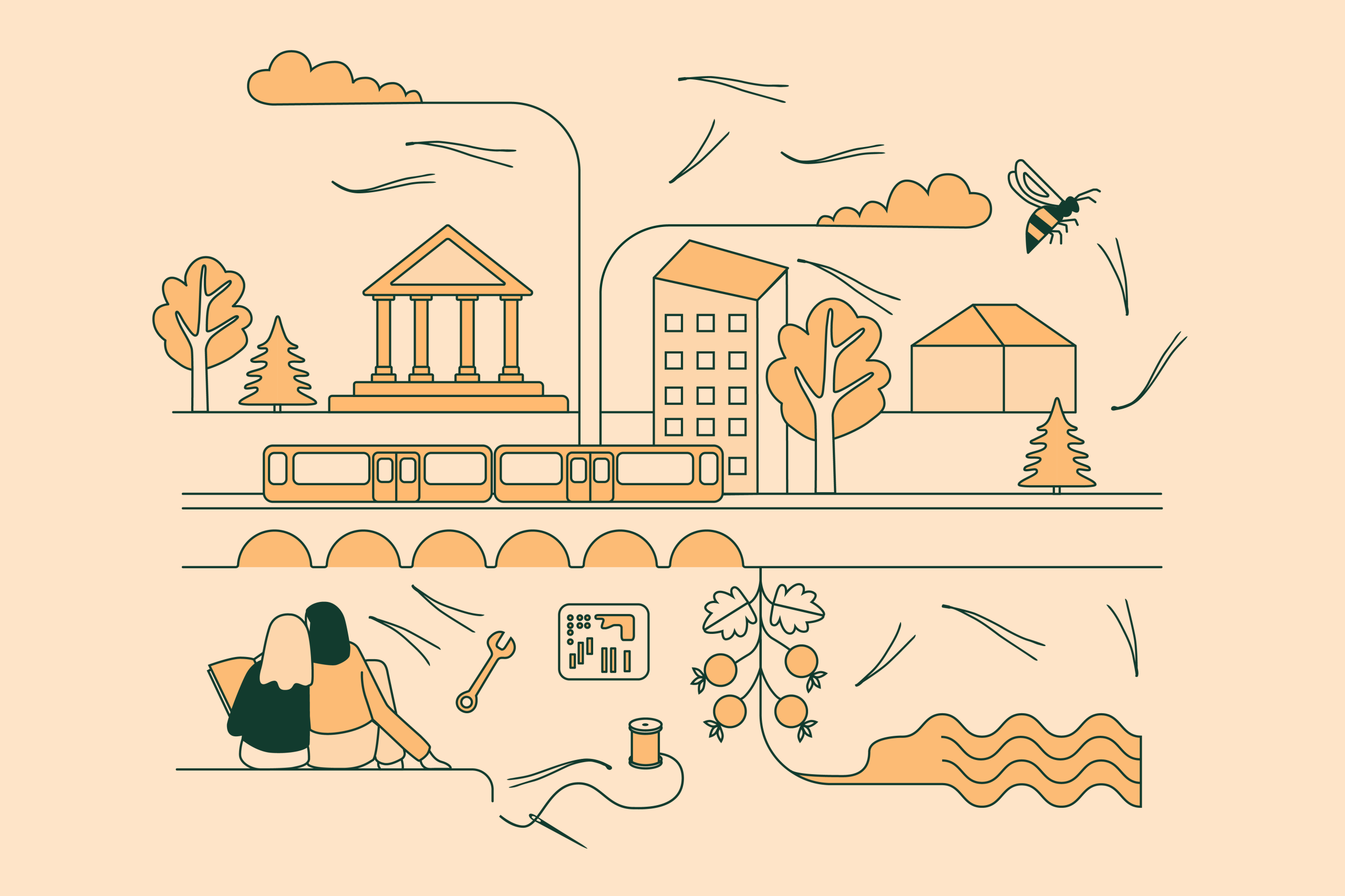 Kuvituskuva Kohtuus kaikessa - tietosynteesistä, jonka SISU-tutkimushanke julkaisi keväällä 2026. Graafinen elementti, jsosa kuvataan yhteiskunnan eri puolia: päätöksentekoinstituutio, luonto, liikenneinfrastruktuuri, ihmiset, asioiden korjaaminen ja teknologia ovat kuvassa mukana.